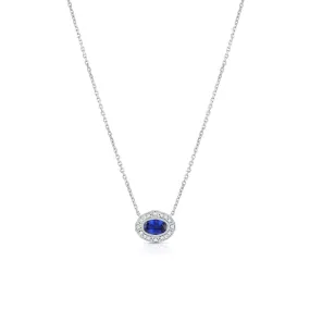 18K White Gold Sapphire Diamond Filigree Oval Pendant Necklace