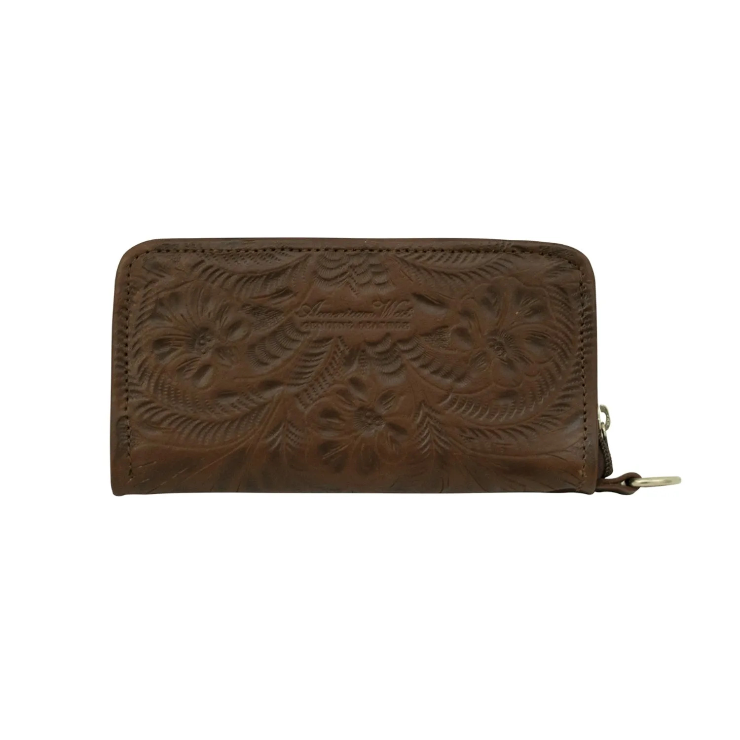 American West Womens Hand Tooled Dark Brown Leather Zip Around Wallet