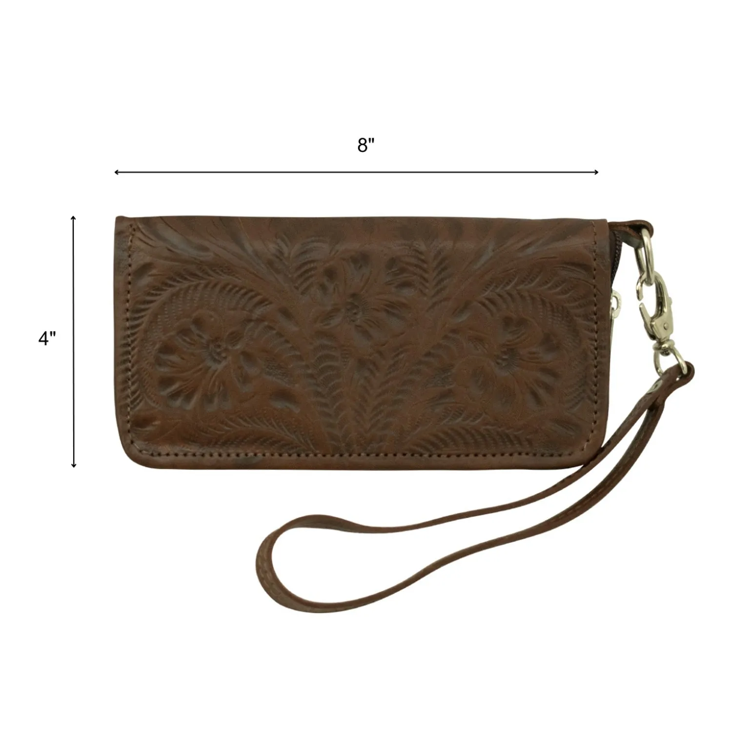 American West Womens Hand Tooled Dark Brown Leather Zip Around Wallet