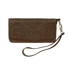 American West Womens Hand Tooled Dark Brown Leather Zip Around Wallet