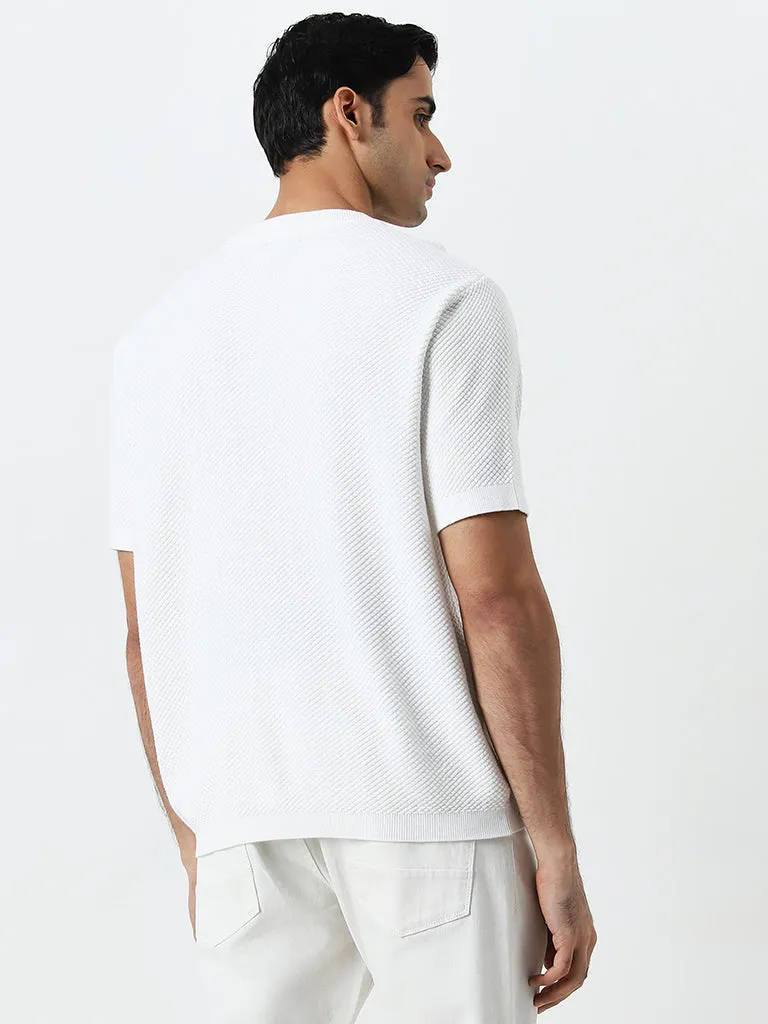 Ascot White Self-Textured Relaxed-Fit Cotton T-Shirt