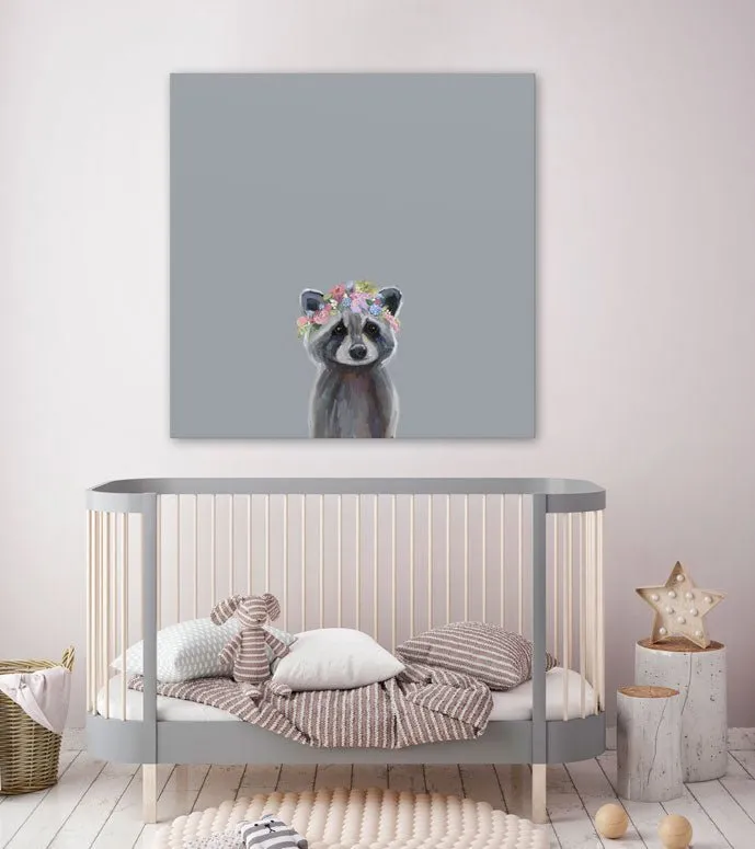 Baby Raccoon With Flowers Canvas Wall Art