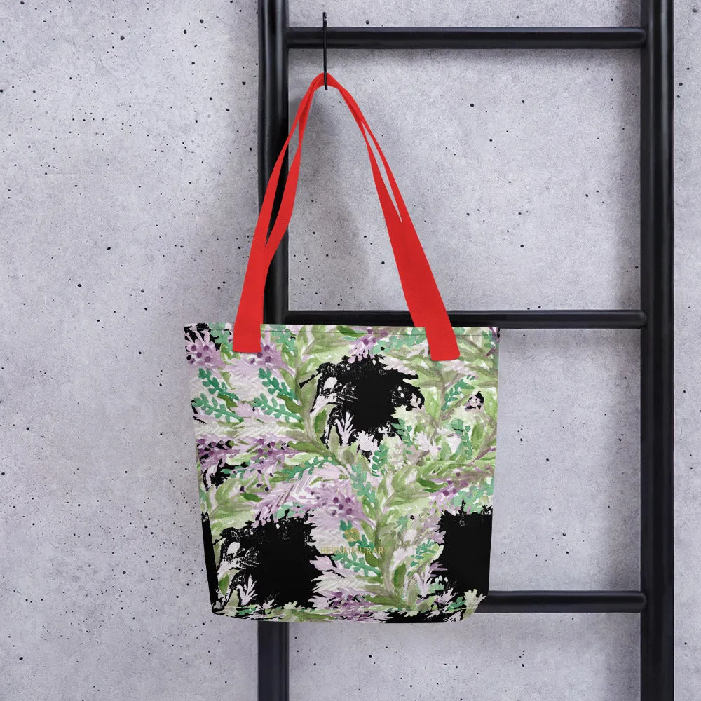 Black Lavender Floral Tote Bag, Floral Print Women's Designer Tote Bag- Made in USA/EU