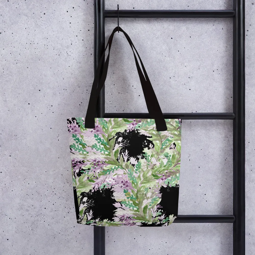 Black Lavender Floral Tote Bag, Floral Print Women's Designer Tote Bag- Made in USA/EU