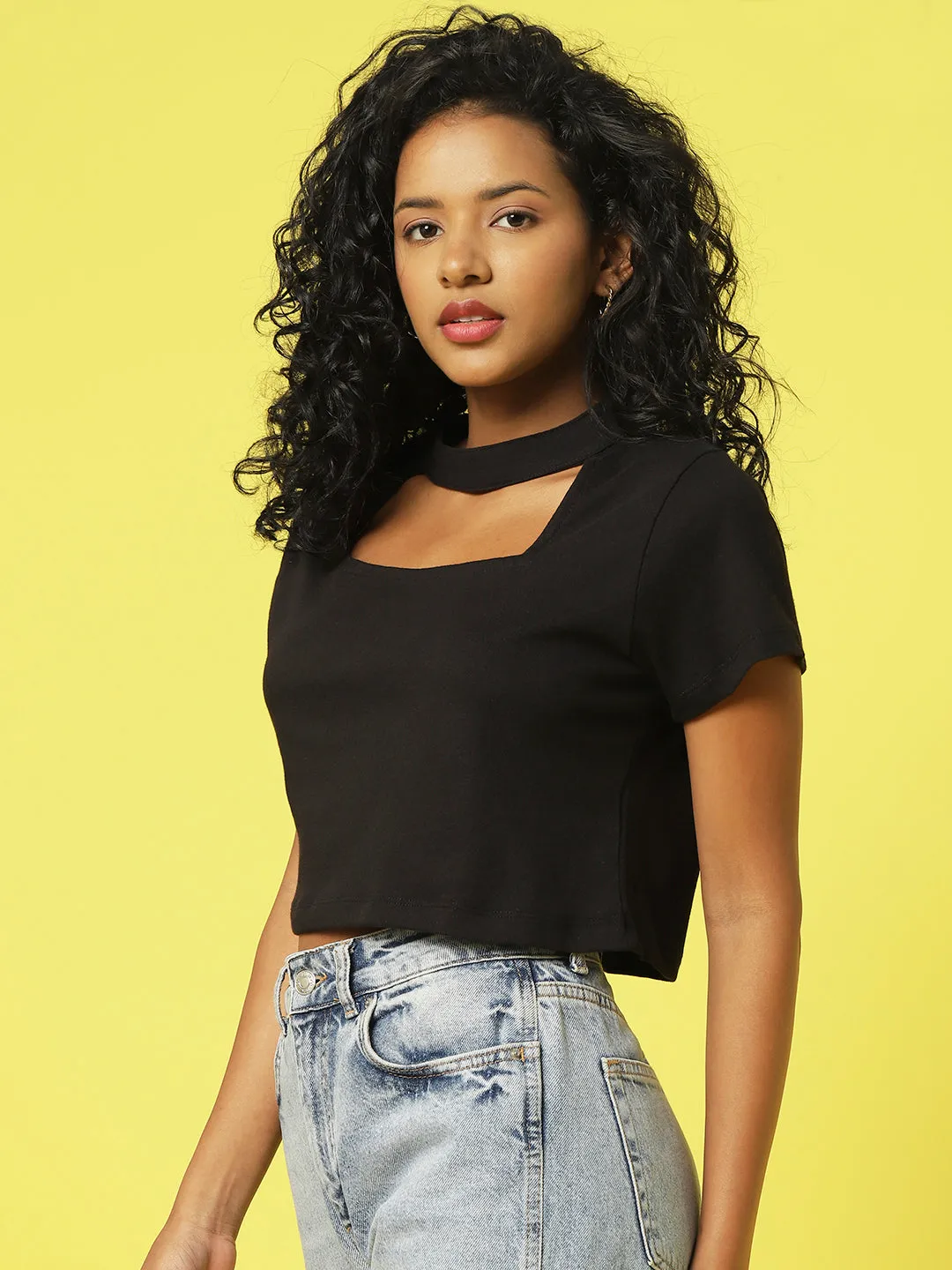 Black Solid Half Sleeves Crop Top With Cutout Detail