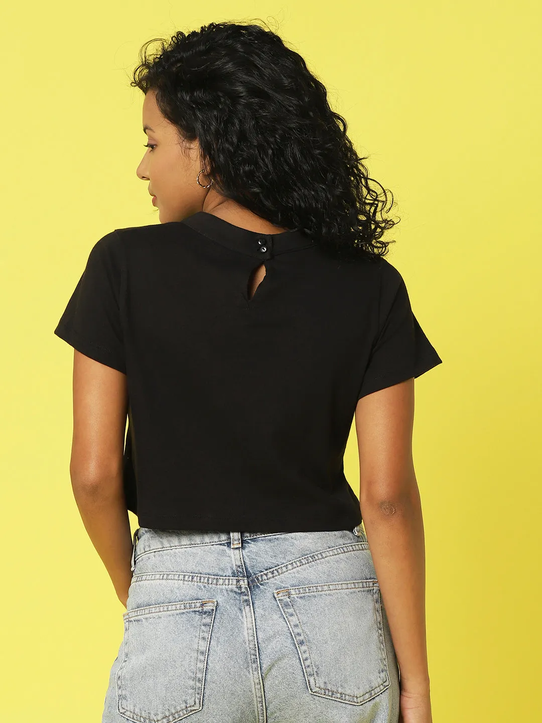 Black Solid Half Sleeves Crop Top With Cutout Detail