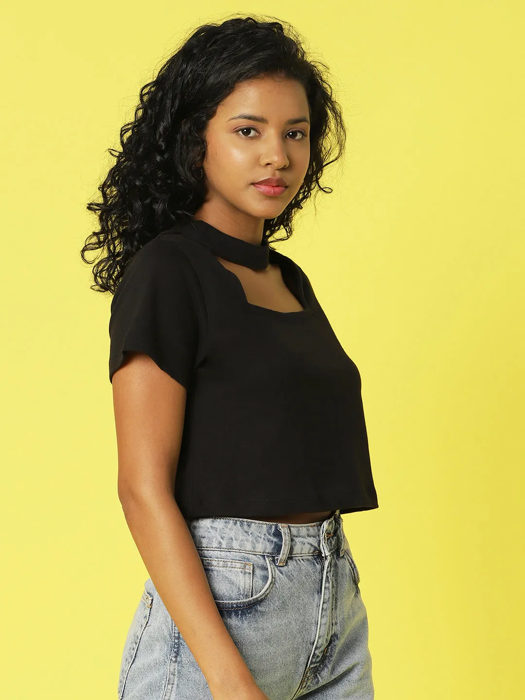 Black Solid Half Sleeves Crop Top With Cutout Detail