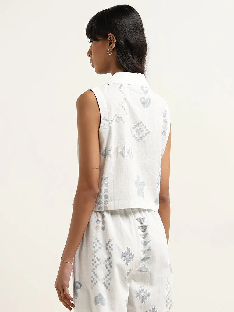 Bombay Paisley Off-White Printed Waistcoat-Style Cotton Top