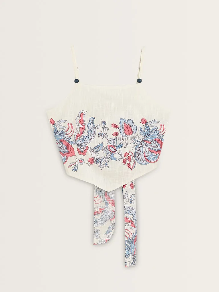 Bombay Paisley White Floral Printed Crop Cotton Top