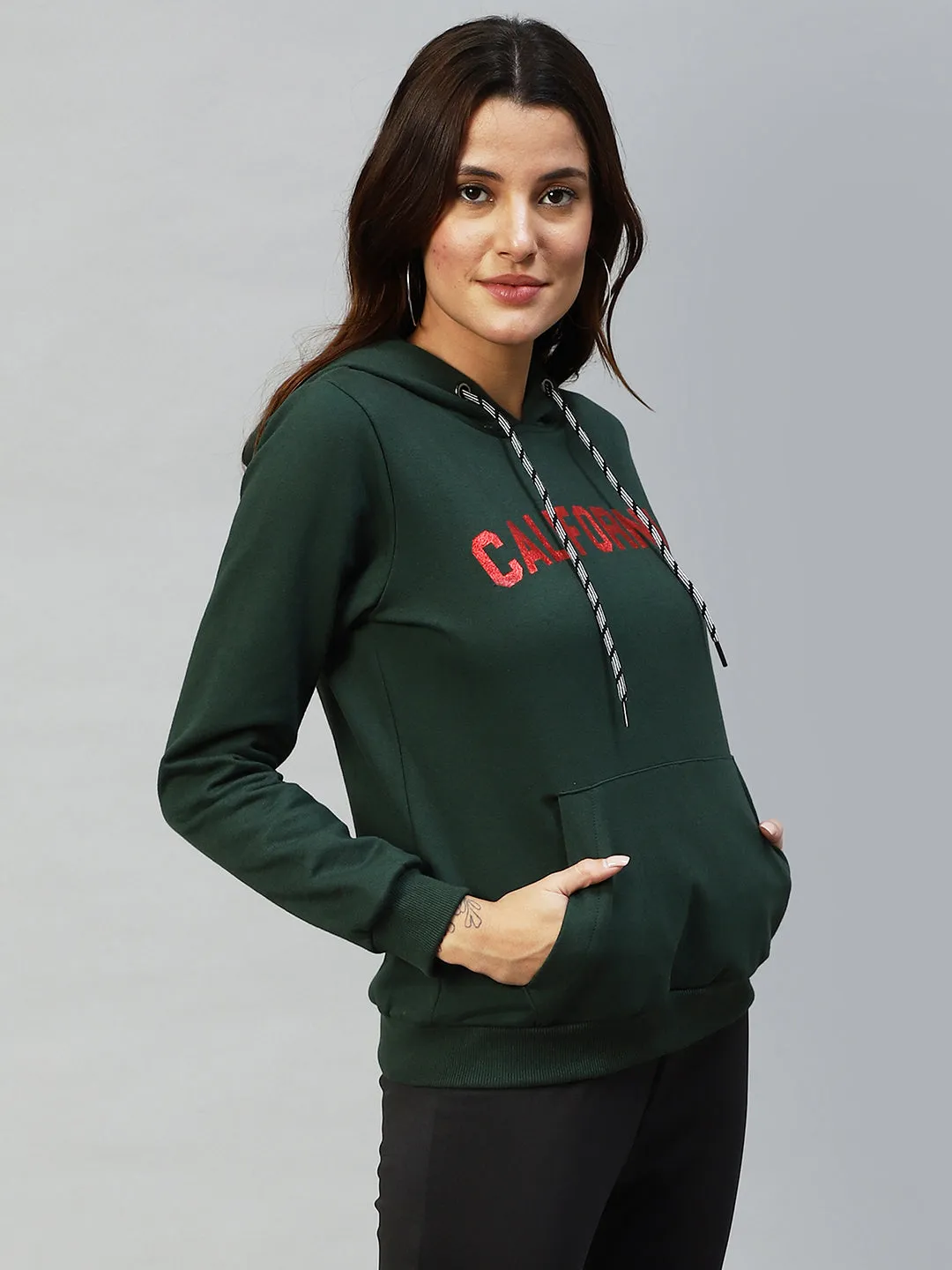 Bottle Green Foil Print Hooded Sweatshirt