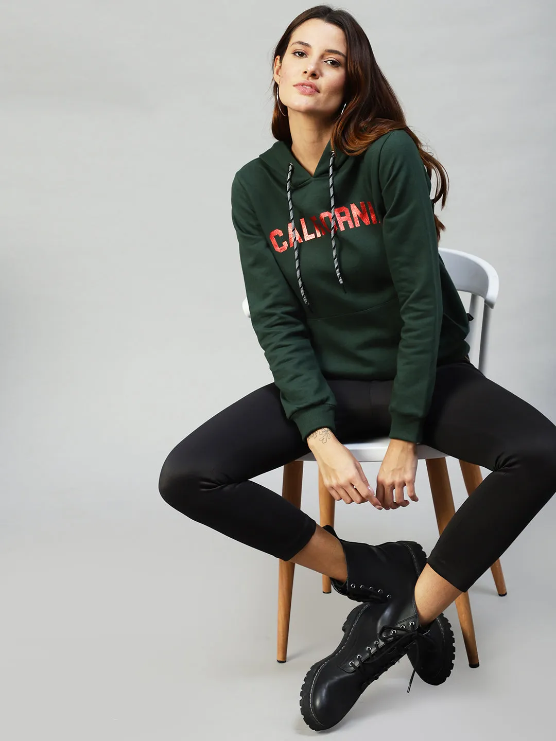 Bottle Green Foil Print Hooded Sweatshirt