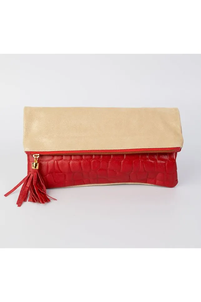 Cece Italian Red Croc Reversible to Metallic Champagne Suede Foldover Clutch