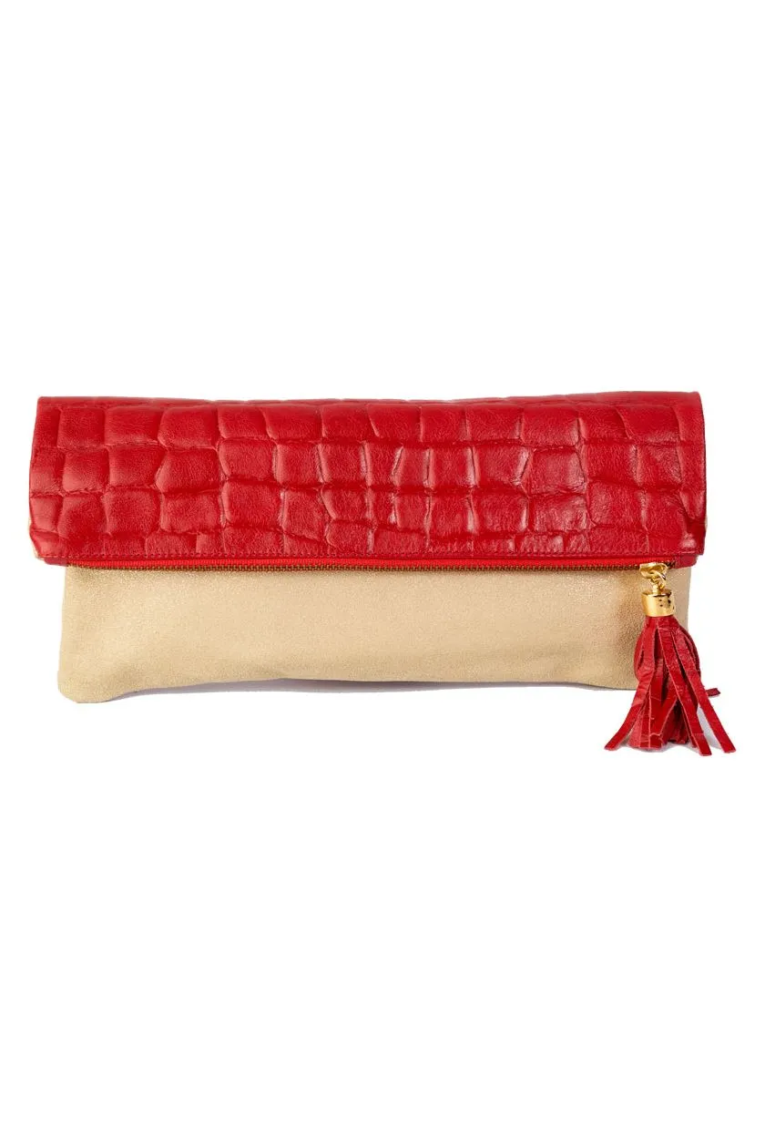 Cece Italian Red Croc Reversible to Metallic Champagne Suede Foldover Clutch