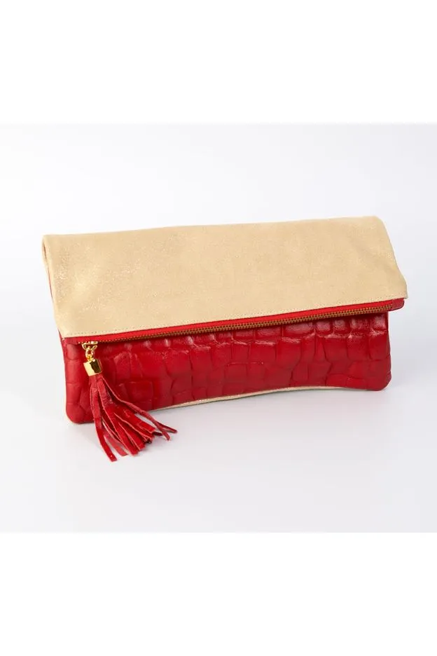 Cece Italian Red Croc Reversible to Metallic Champagne Suede Foldover Clutch