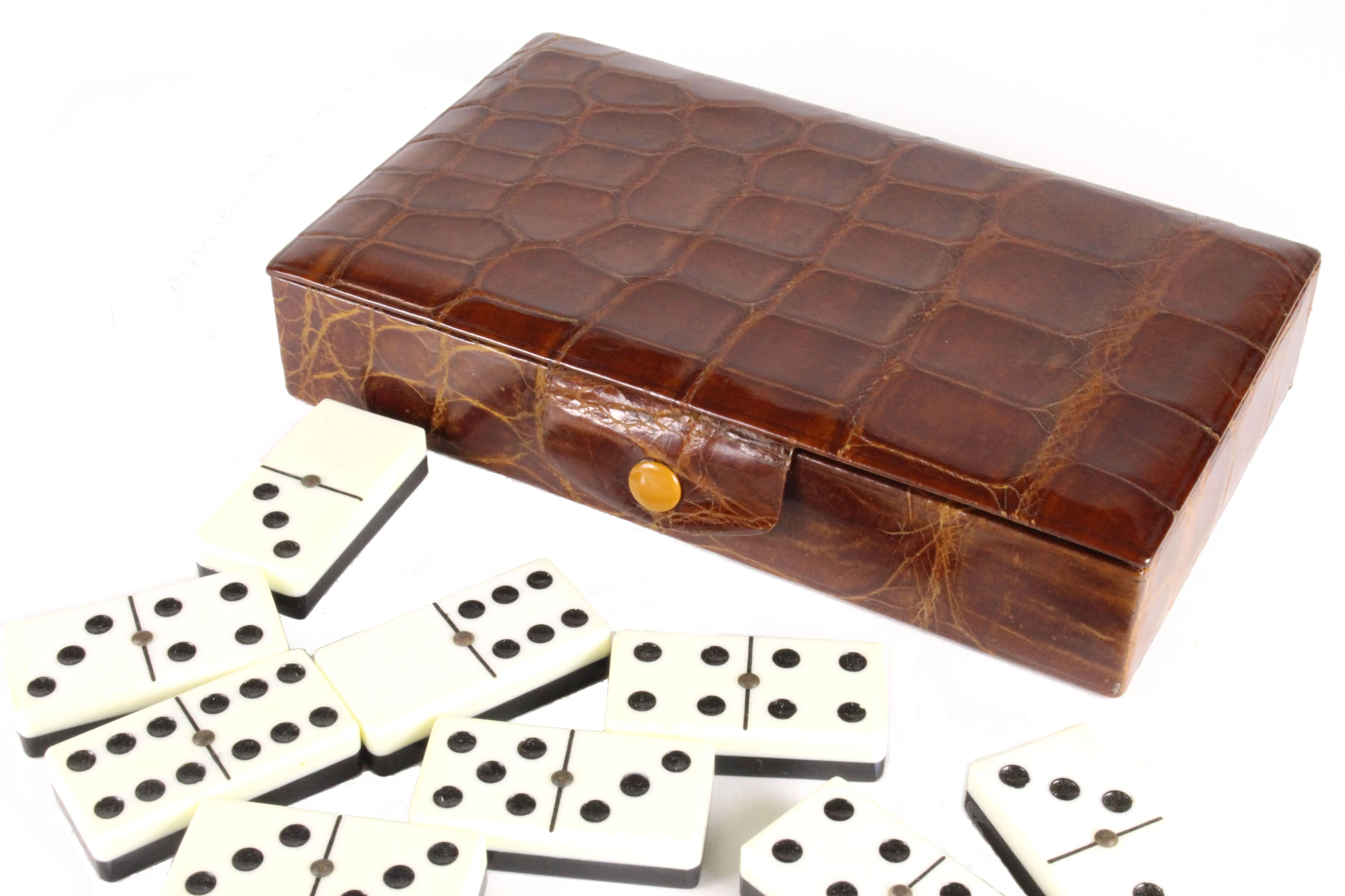 Domino game set brown crocodile skin case