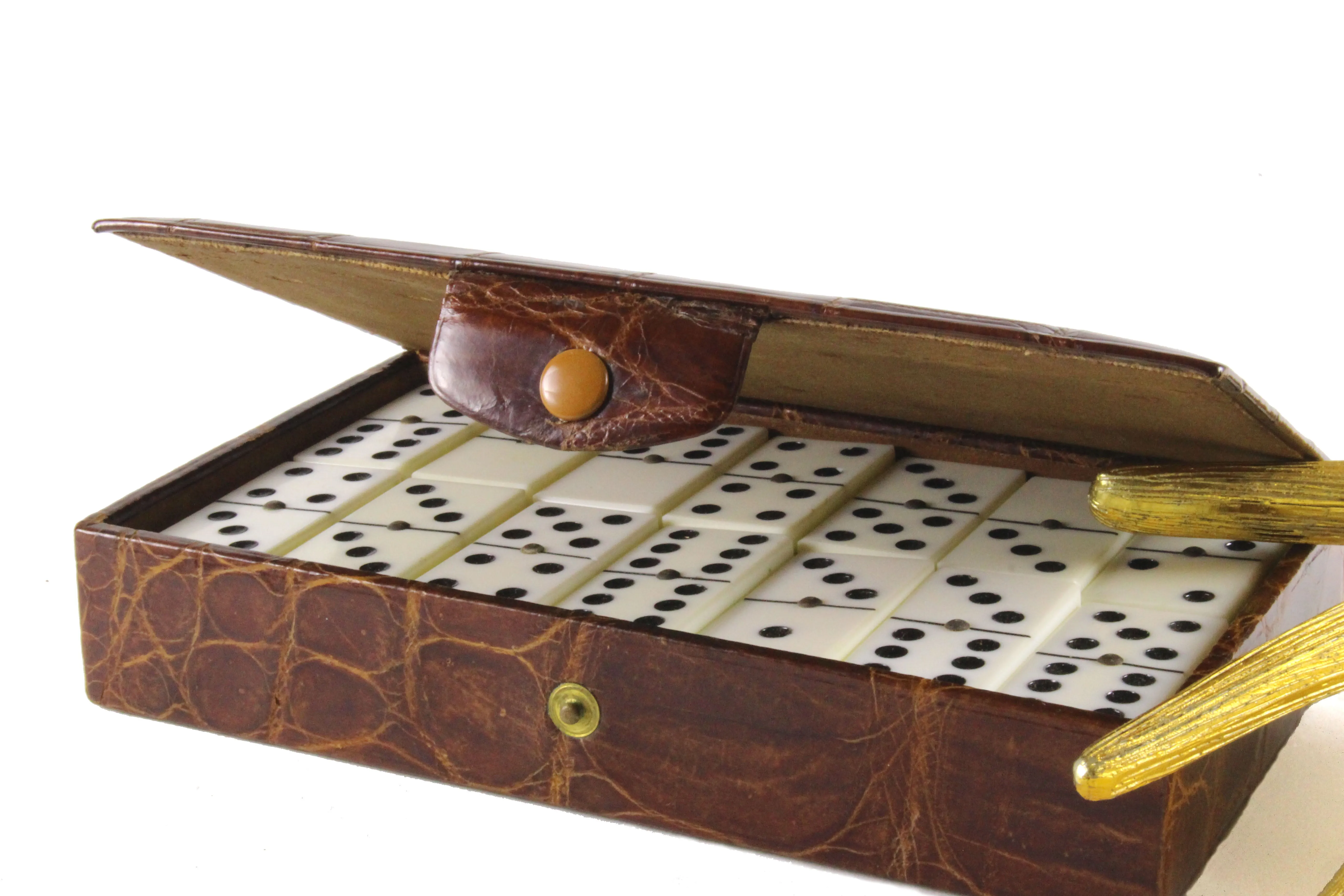 Domino game set brown crocodile skin case