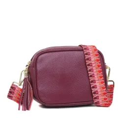 Leather Camera Bag with Patterned Strap - Merlot