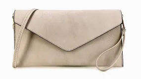 LIGHT GREY OVER-SIZED ENVELOPE CLUTCH BAG WITH LONG CROSS BODY AND WRISTLET STRAP