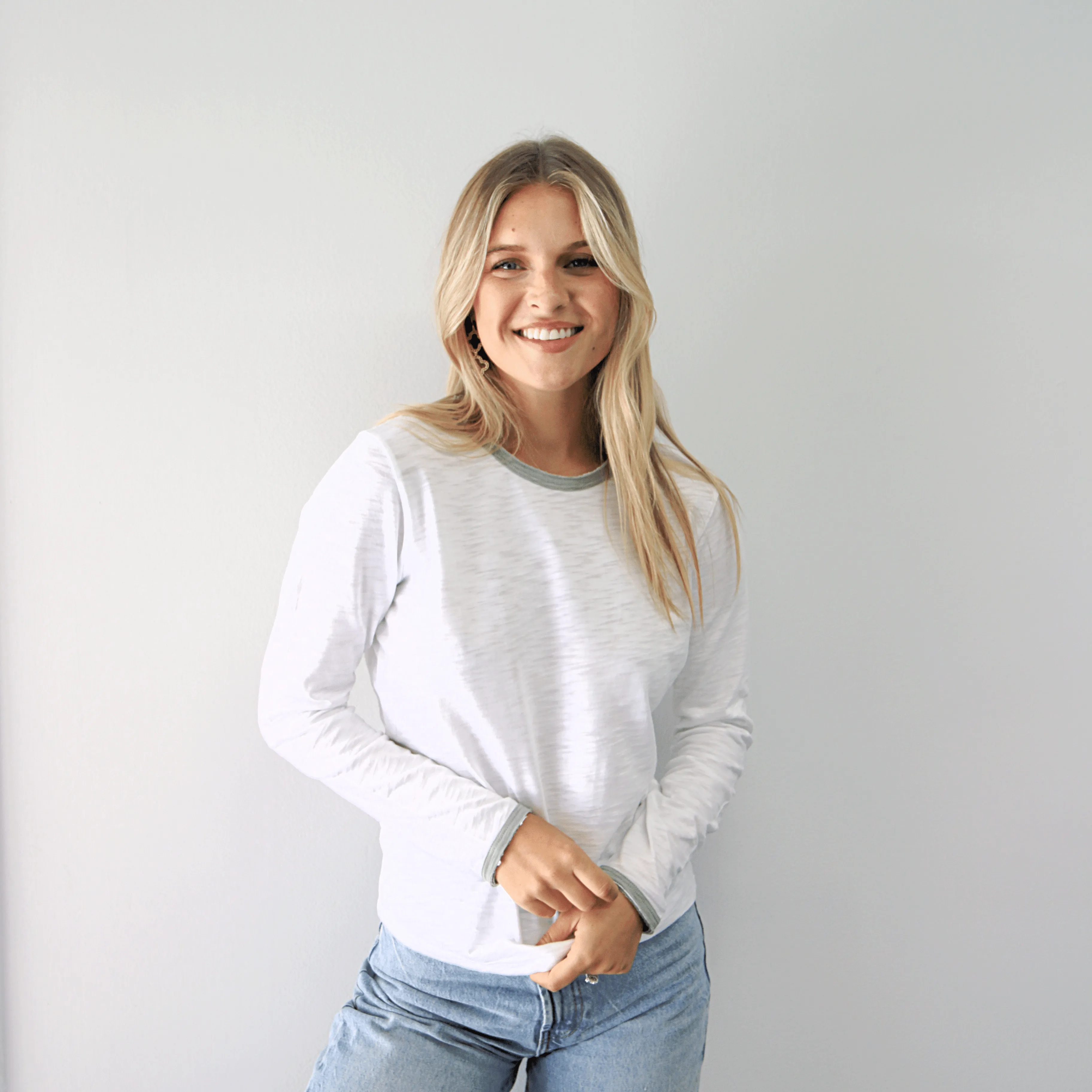 Long Sleeve Rebel Tee in White with Sage