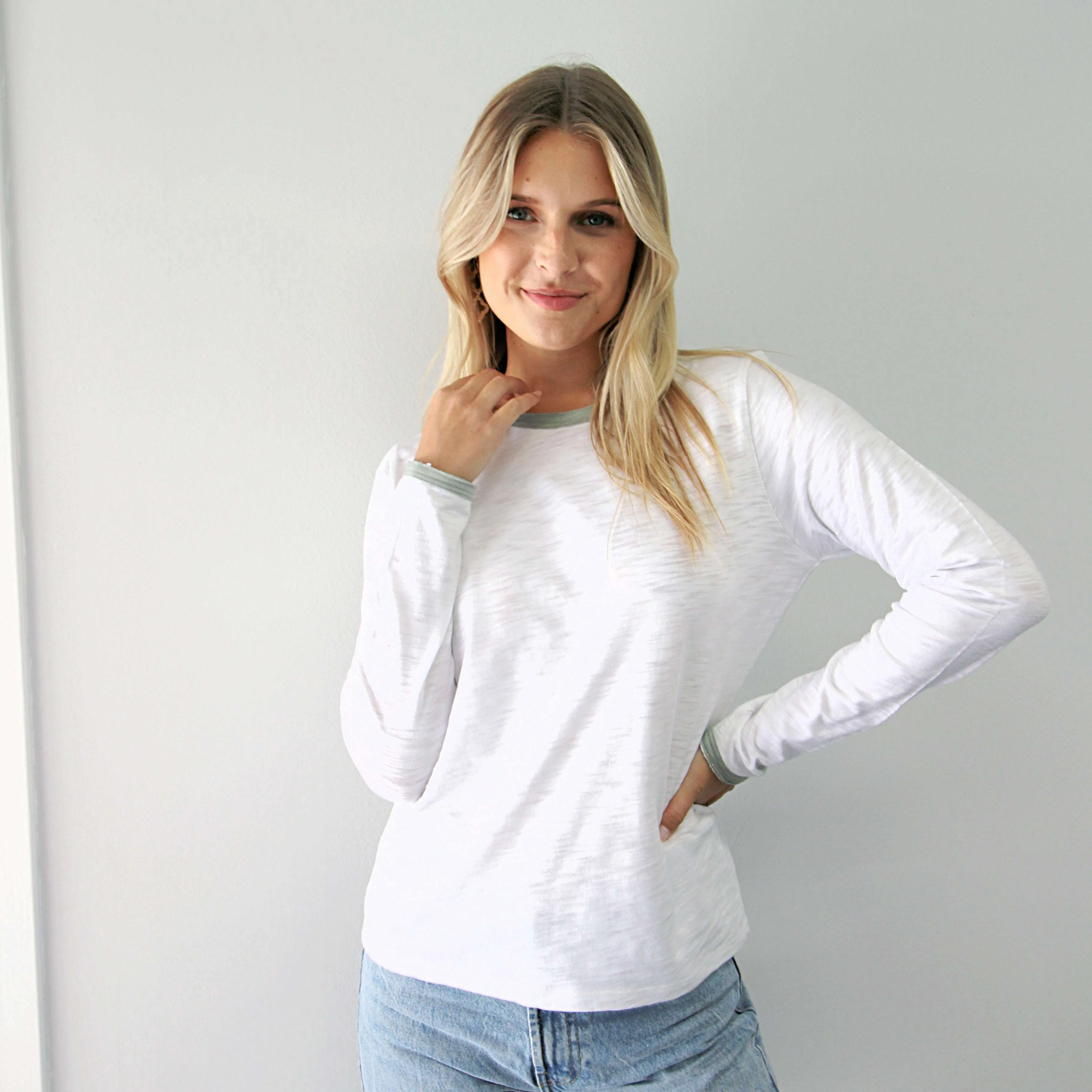 Long Sleeve Rebel Tee in White with Sage