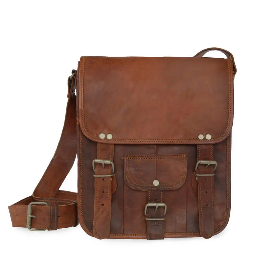 Men's Midi Long Leather Satchel with Front Pocket