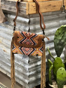 Mustard & Navy Aztec Leather Fringe Crossbody