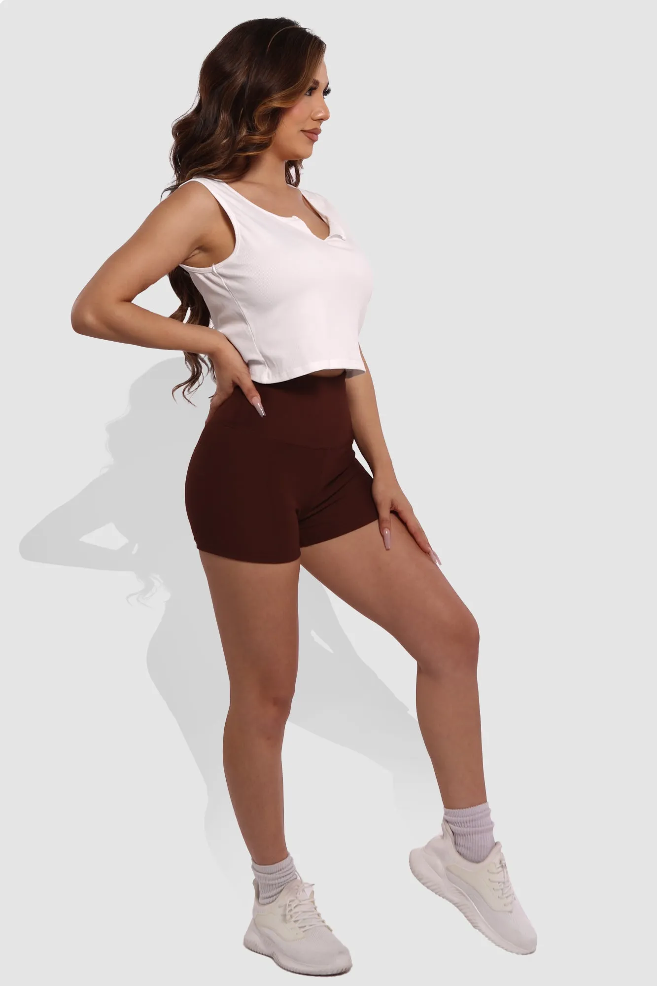 Rib Knit High Waist Hot Shorts - Chocolate Brown