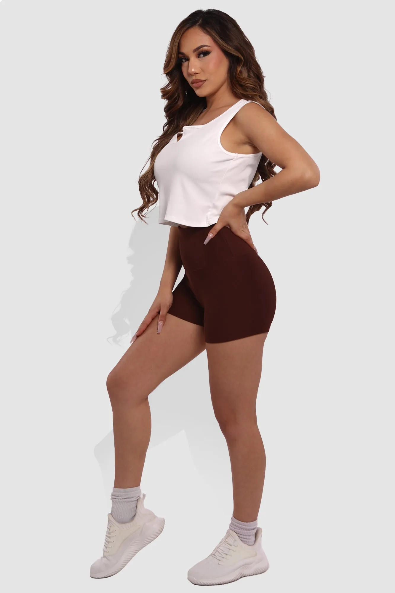 Rib Knit High Waist Hot Shorts - Chocolate Brown