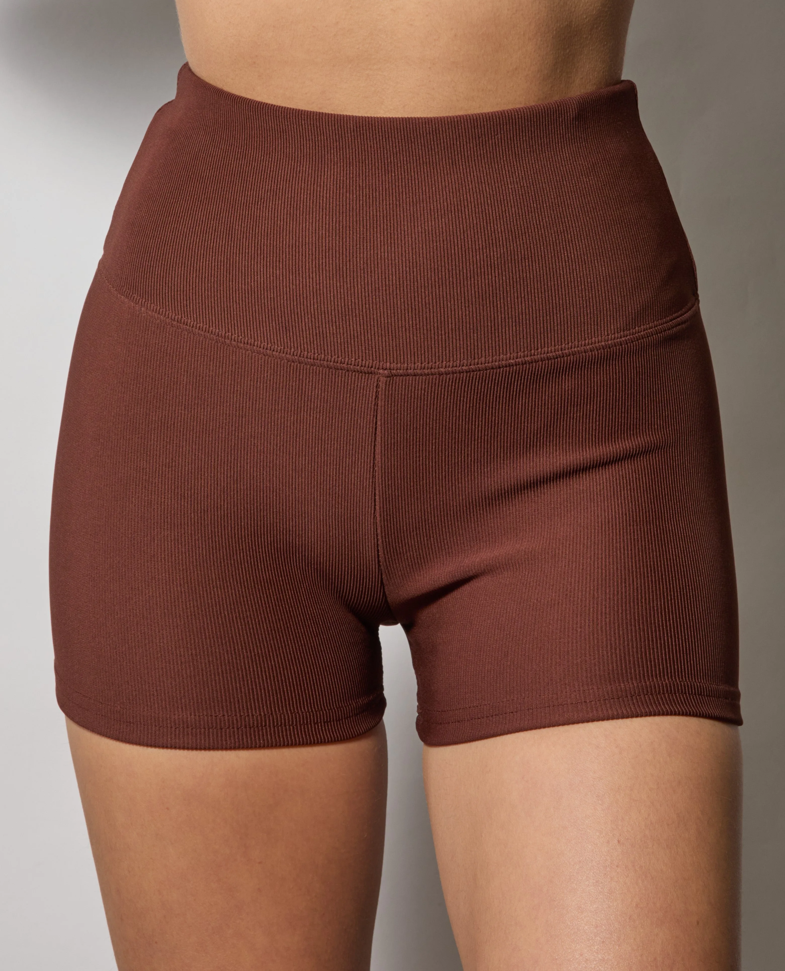 Rib Knit High Waist Hot Shorts - Chocolate Brown