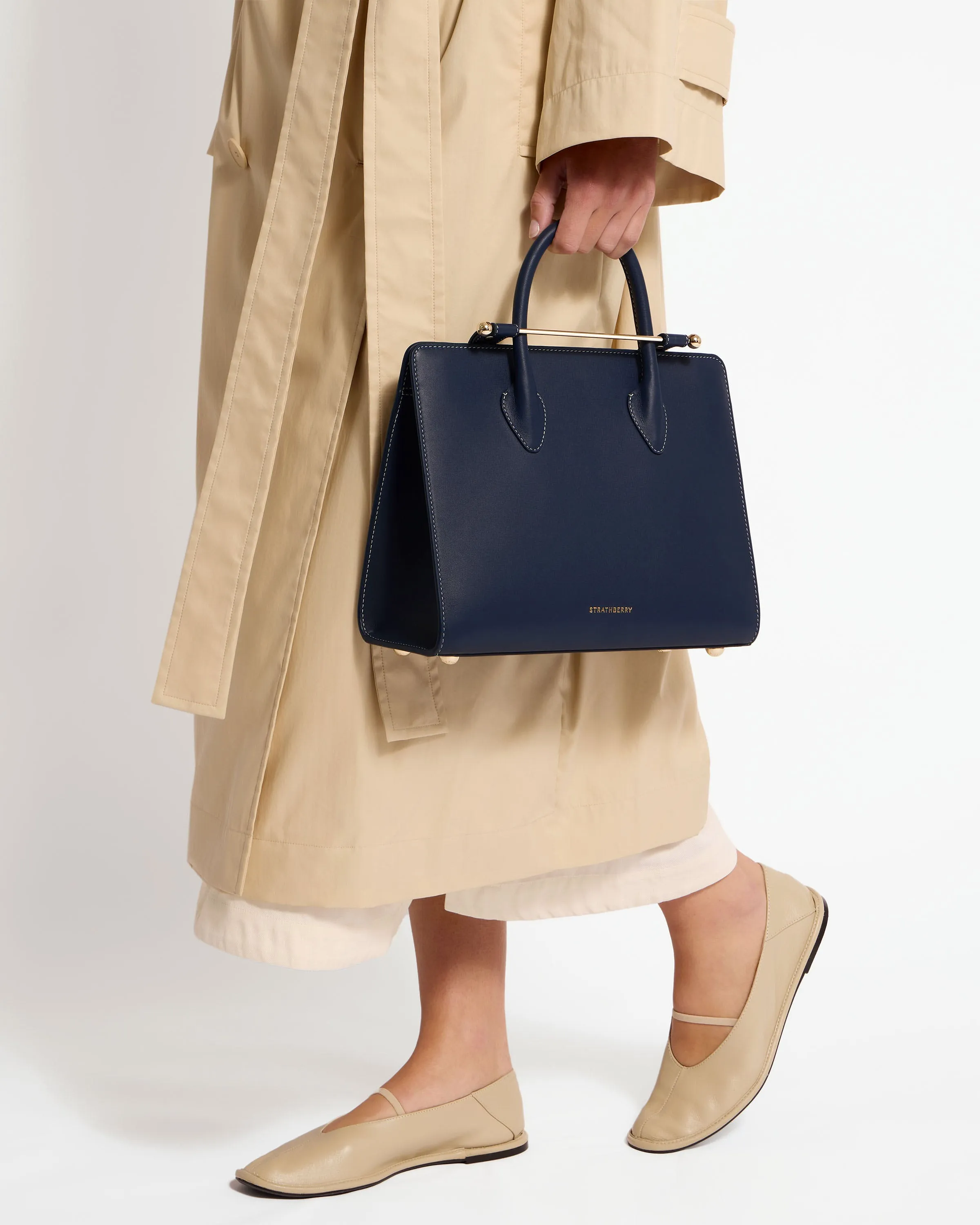 The Strathberry Midi Tote - Navy with Vanilla Stitch