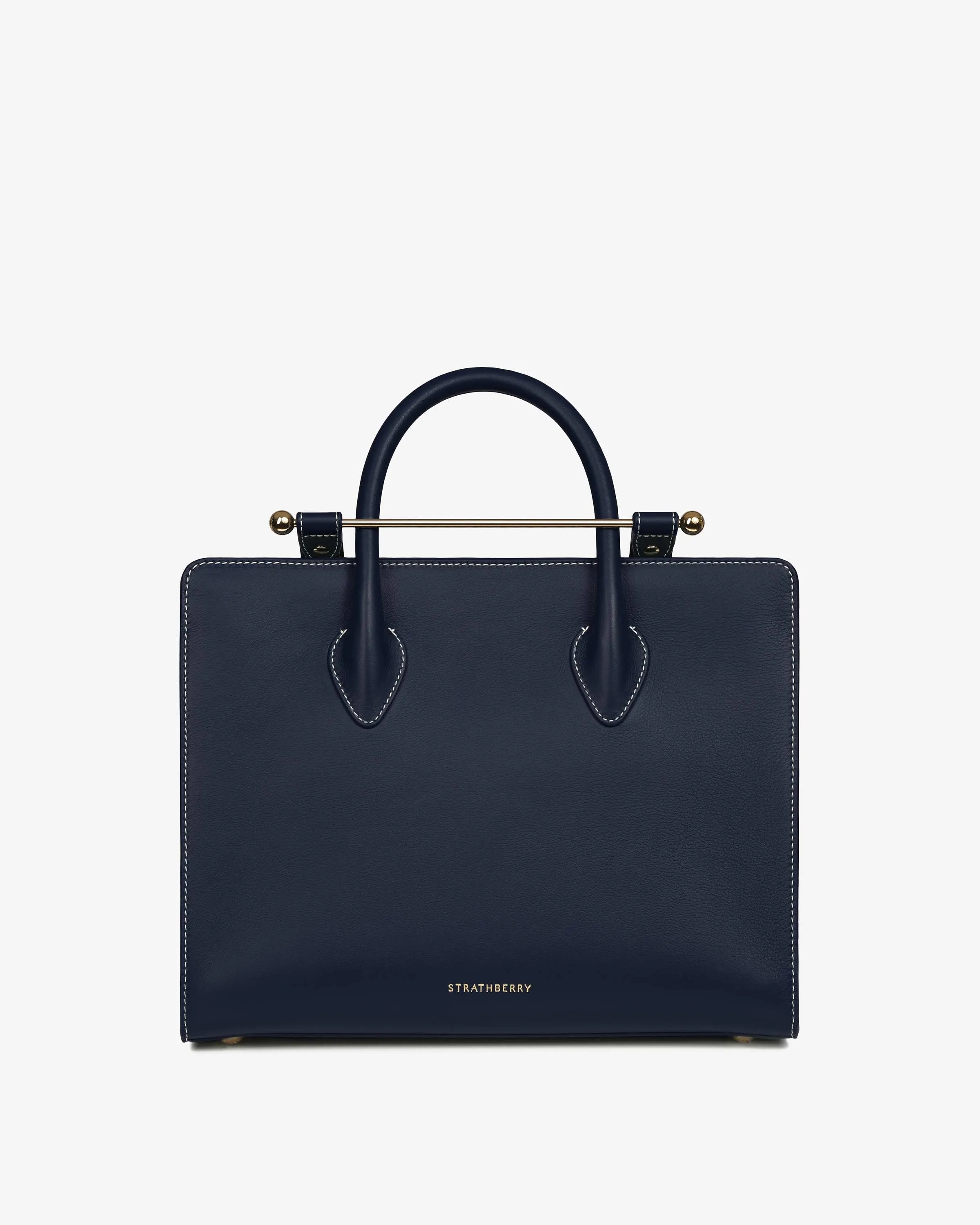 The Strathberry Midi Tote - Navy with Vanilla Stitch