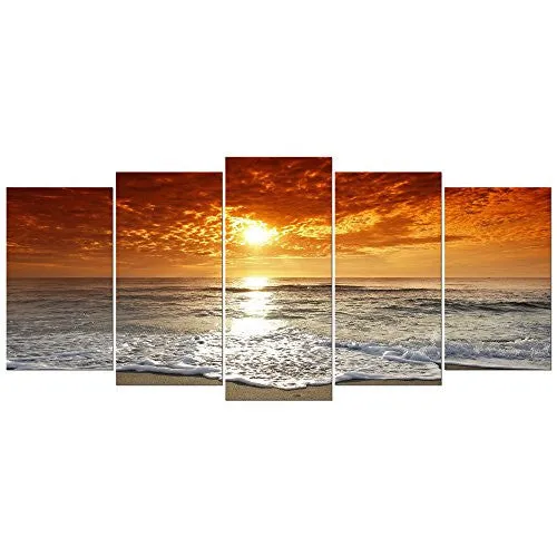 WIECO ART - GRAND SIGHT EXTRA LARGE 5 PANELS MODERN LANDSCAPE ARTWORK HD SEASCAPE GICLEE CANVAS PRINTS SEA BEACH PICTURES TO PHOTO PAINTINGS ON CANVAS WALL ART FOR HOME DECORATIONS WALL DECOR