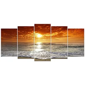 WIECO ART - GRAND SIGHT EXTRA LARGE 5 PANELS MODERN LANDSCAPE ARTWORK HD SEASCAPE GICLEE CANVAS PRINTS SEA BEACH PICTURES TO PHOTO PAINTINGS ON CANVAS WALL ART FOR HOME DECORATIONS WALL DECOR