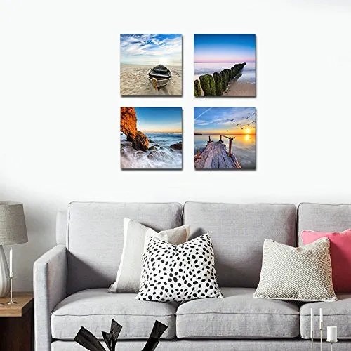 WIECO ART - SEAVIEW MODERN SEASCAPE GICLEE CANVAS PRINTS ARTWORK CONTEMPORARY LANDSCAPE SEA BEACH PICTURES TO PHOTO PAINTINGS ON CANVAS WALL ART FOR HOME DECORATIONS WALL DECOR 4PCS/SET