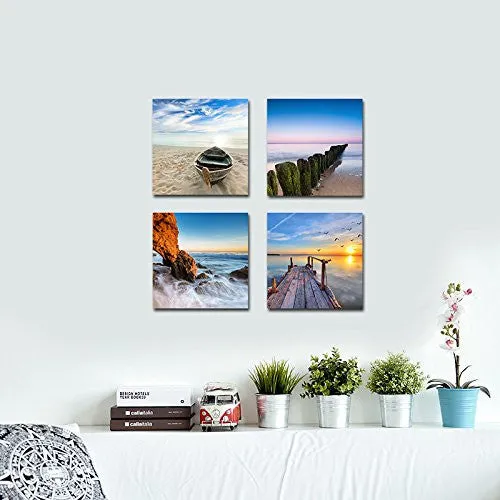 WIECO ART - SEAVIEW MODERN SEASCAPE GICLEE CANVAS PRINTS ARTWORK CONTEMPORARY LANDSCAPE SEA BEACH PICTURES TO PHOTO PAINTINGS ON CANVAS WALL ART FOR HOME DECORATIONS WALL DECOR 4PCS/SET