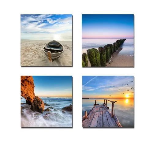 WIECO ART - SEAVIEW MODERN SEASCAPE GICLEE CANVAS PRINTS ARTWORK CONTEMPORARY LANDSCAPE SEA BEACH PICTURES TO PHOTO PAINTINGS ON CANVAS WALL ART FOR HOME DECORATIONS WALL DECOR 4PCS/SET