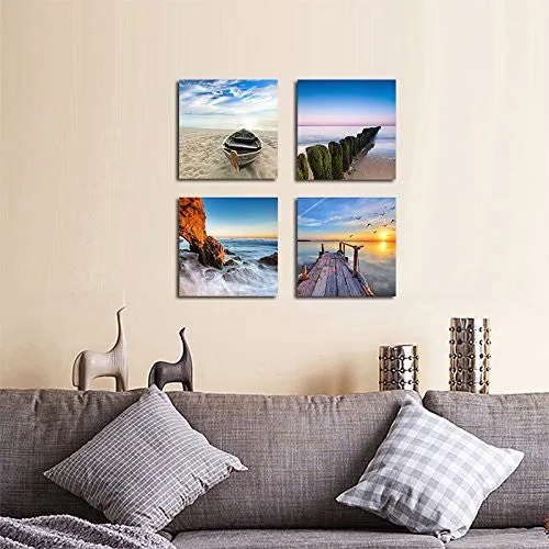 WIECO ART - SEAVIEW MODERN SEASCAPE GICLEE CANVAS PRINTS ARTWORK CONTEMPORARY LANDSCAPE SEA BEACH PICTURES TO PHOTO PAINTINGS ON CANVAS WALL ART FOR HOME DECORATIONS WALL DECOR 4PCS/SET