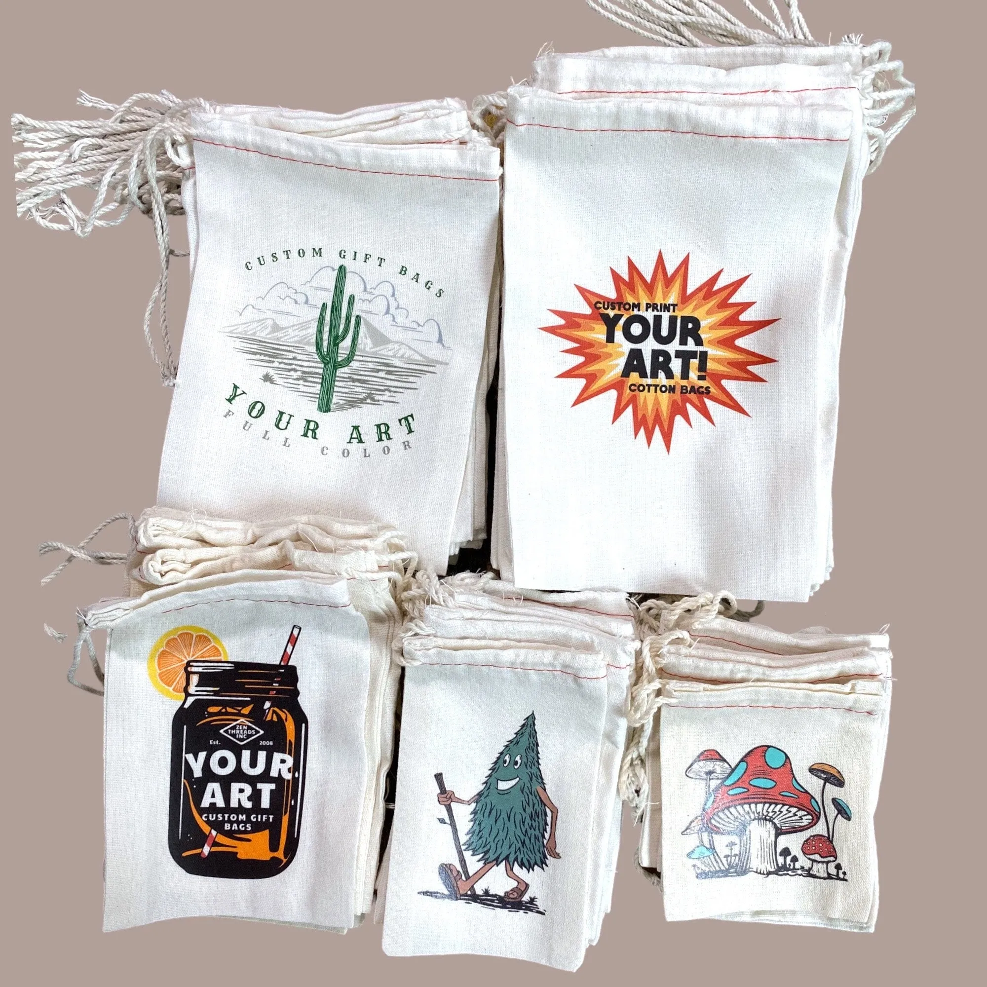 Your Custom Logo! GIFT BAGS Bulk Printed, Small Natural Cotton Eco Reusable Drawstring Cloth for Promo, Crafters, Wedding, Party Favors